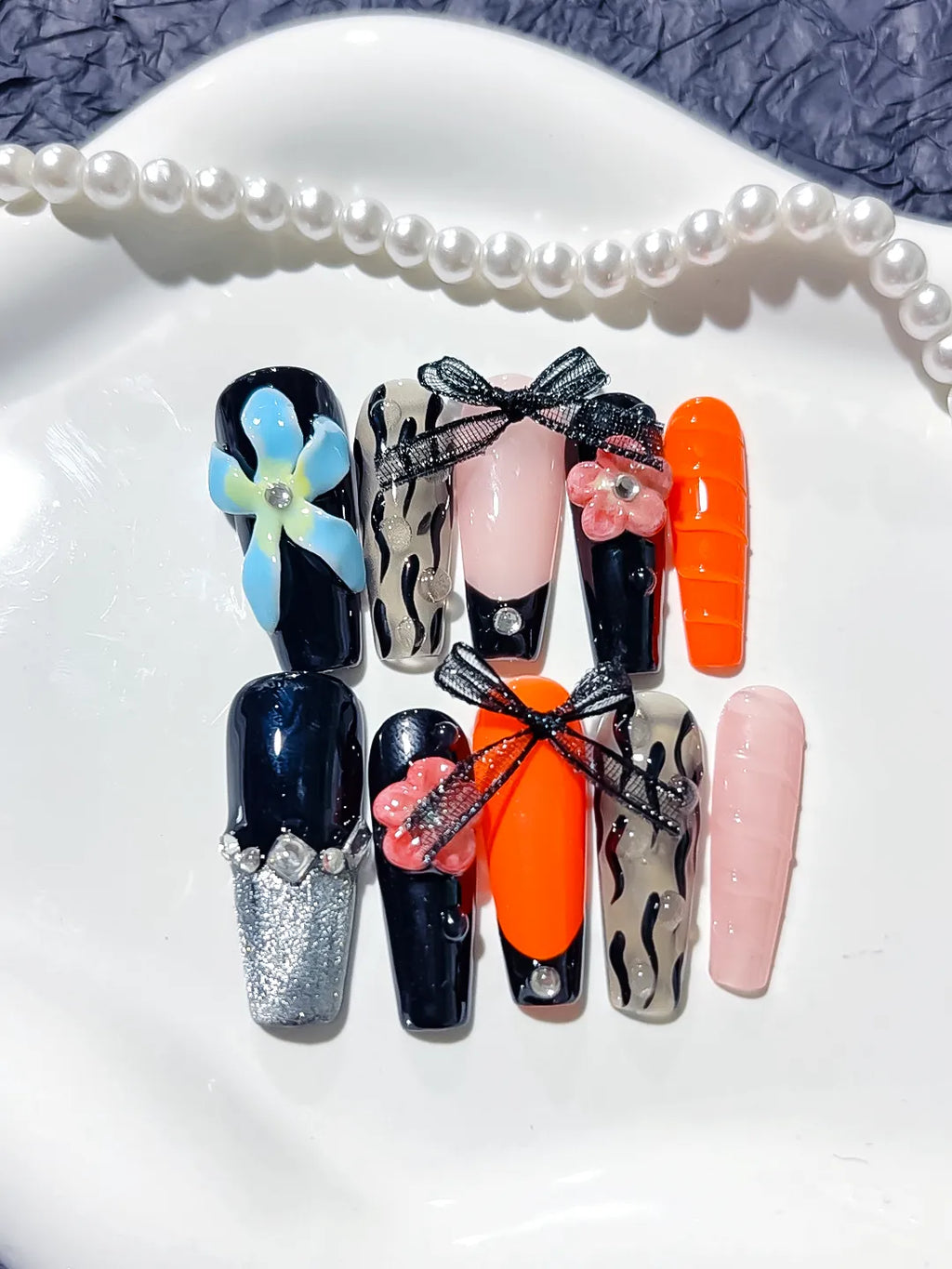 Black Orange Pink Silver Abstract Bow Flower Lace press on nails detail view