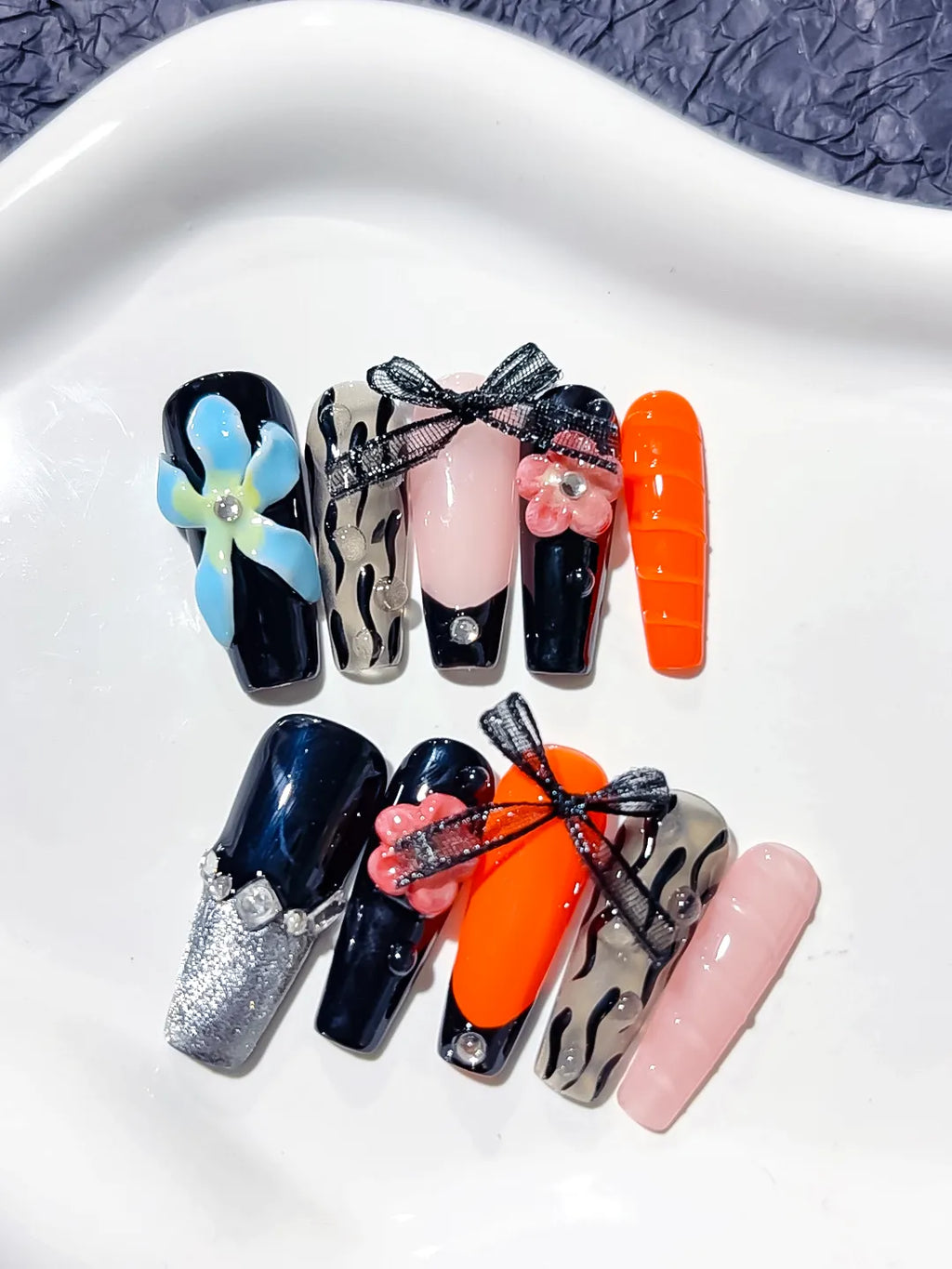 Black Orange Pink Silver Abstract Bow Flower Lace press on nails detail view