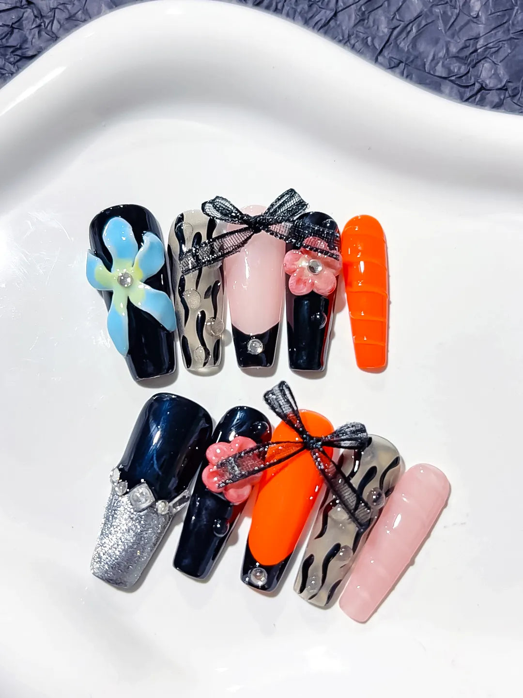 Black Orange Pink Silver Abstract Bow Flower Lace press on nails detail view