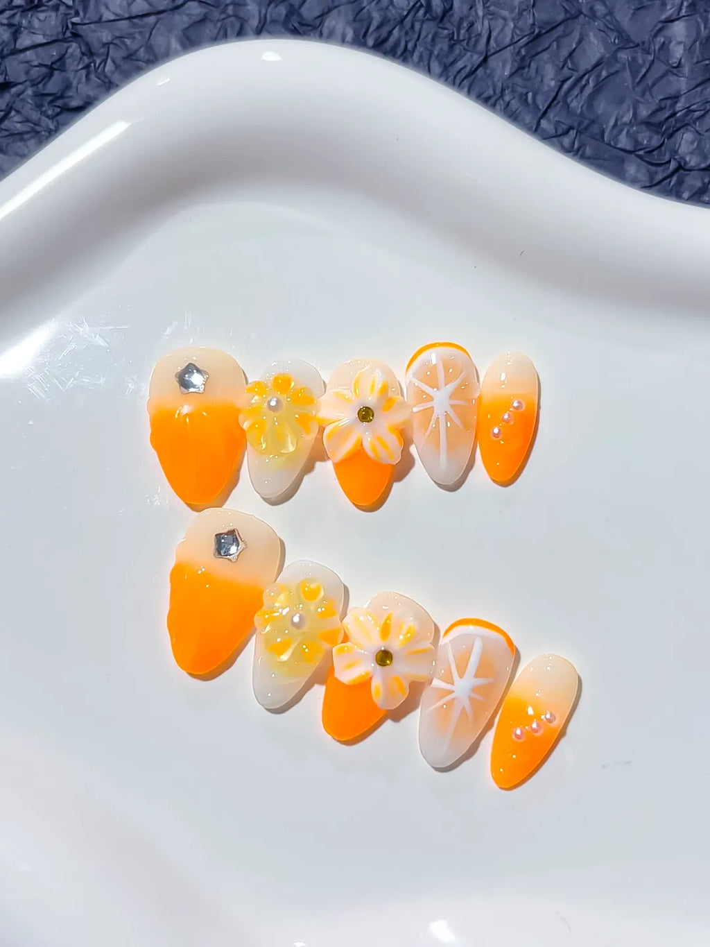 Orange White Floral Flower press on nails close up