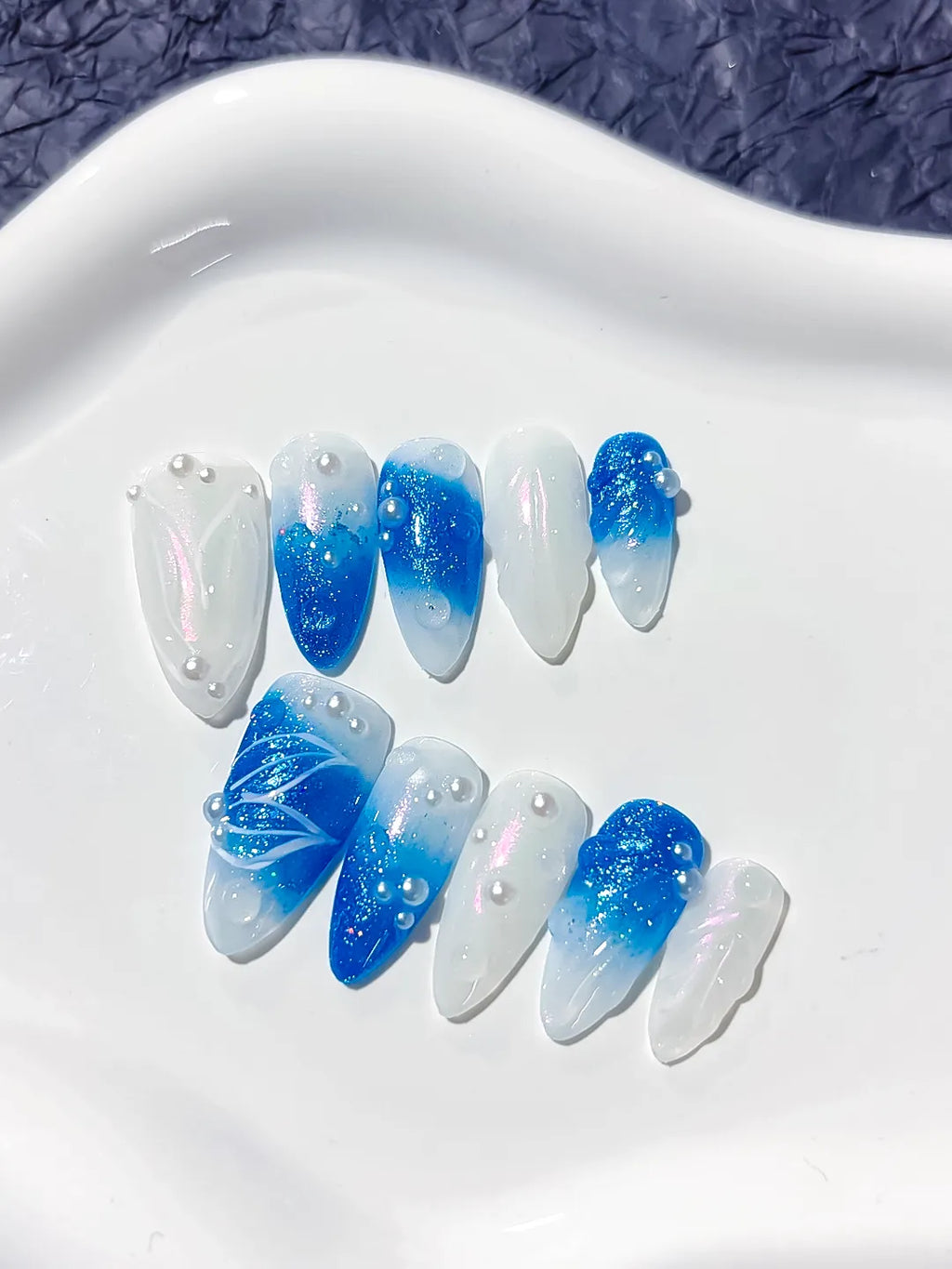 Blue White Glitter Pearl Embossed press on nails detail view