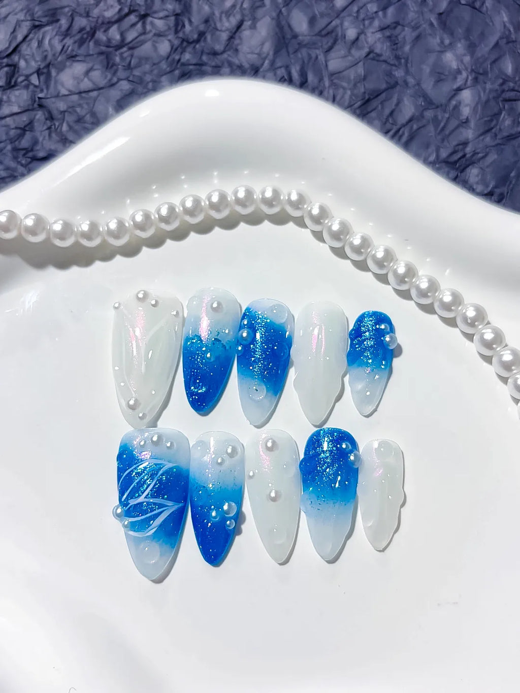 Blue White Glitter Pearl Embossed press on nails detail view