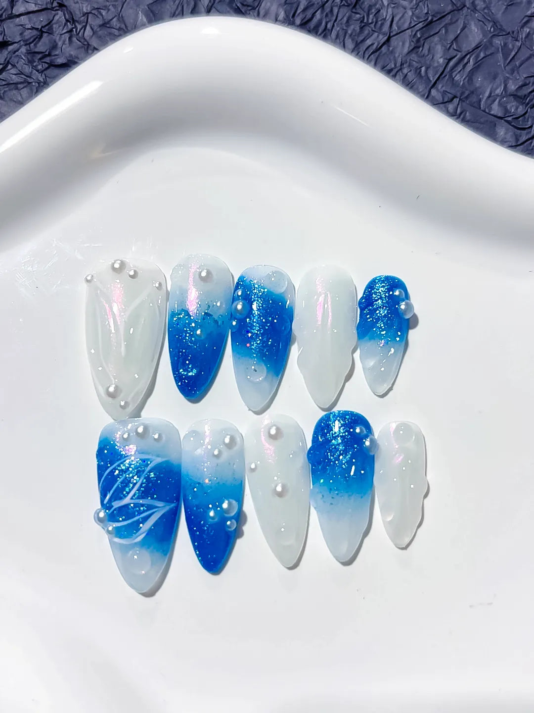 Blue White Glitter Pearl Embossed press on nails close up