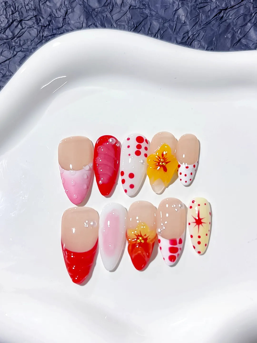 Nude Red Pink White French tip Flower Dot Pattern press on nails close up