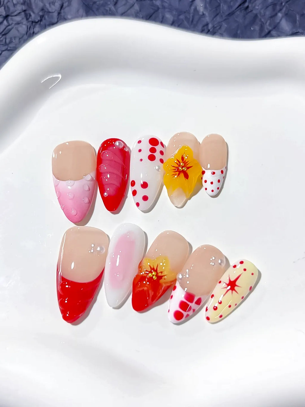 Nude Red Pink White French tip Flower Dot Pattern press on nails angled view