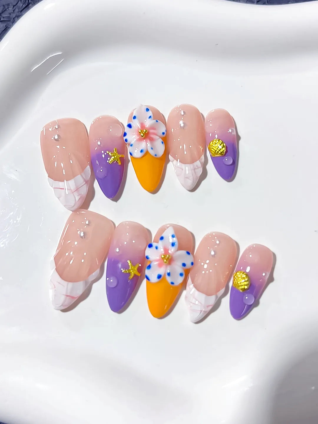 Nude Purple Orange Abstract Flower Star press on nails detail view