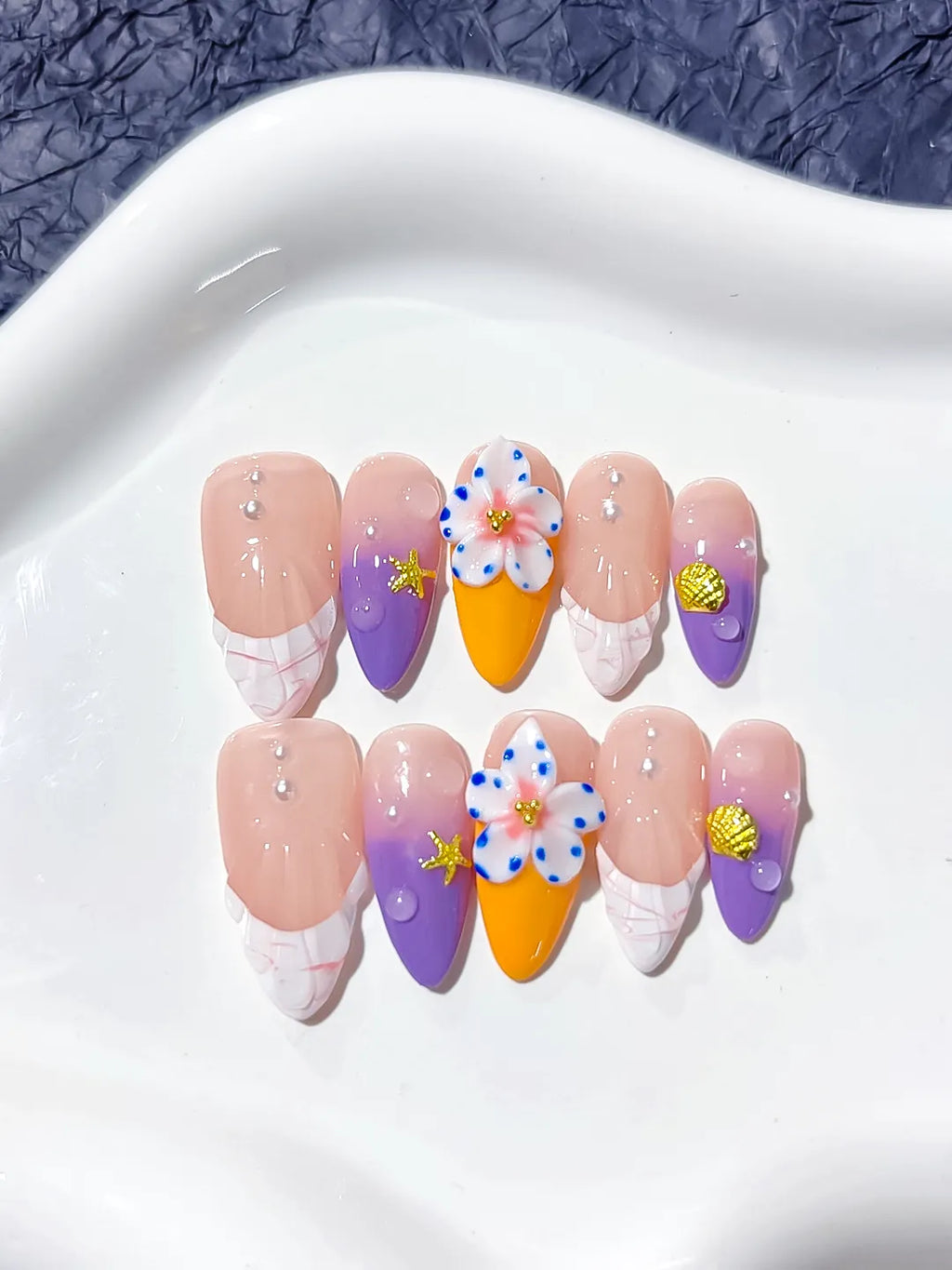 Nude Purple Orange Abstract Flower Star press on nails detail view