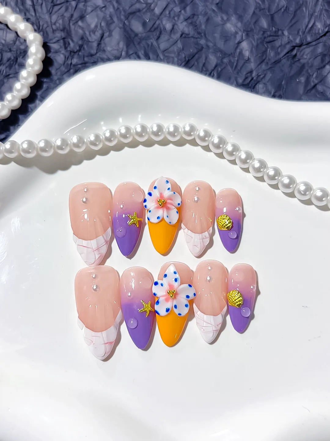 Nude Purple Orange Abstract Flower Star press on nails close up