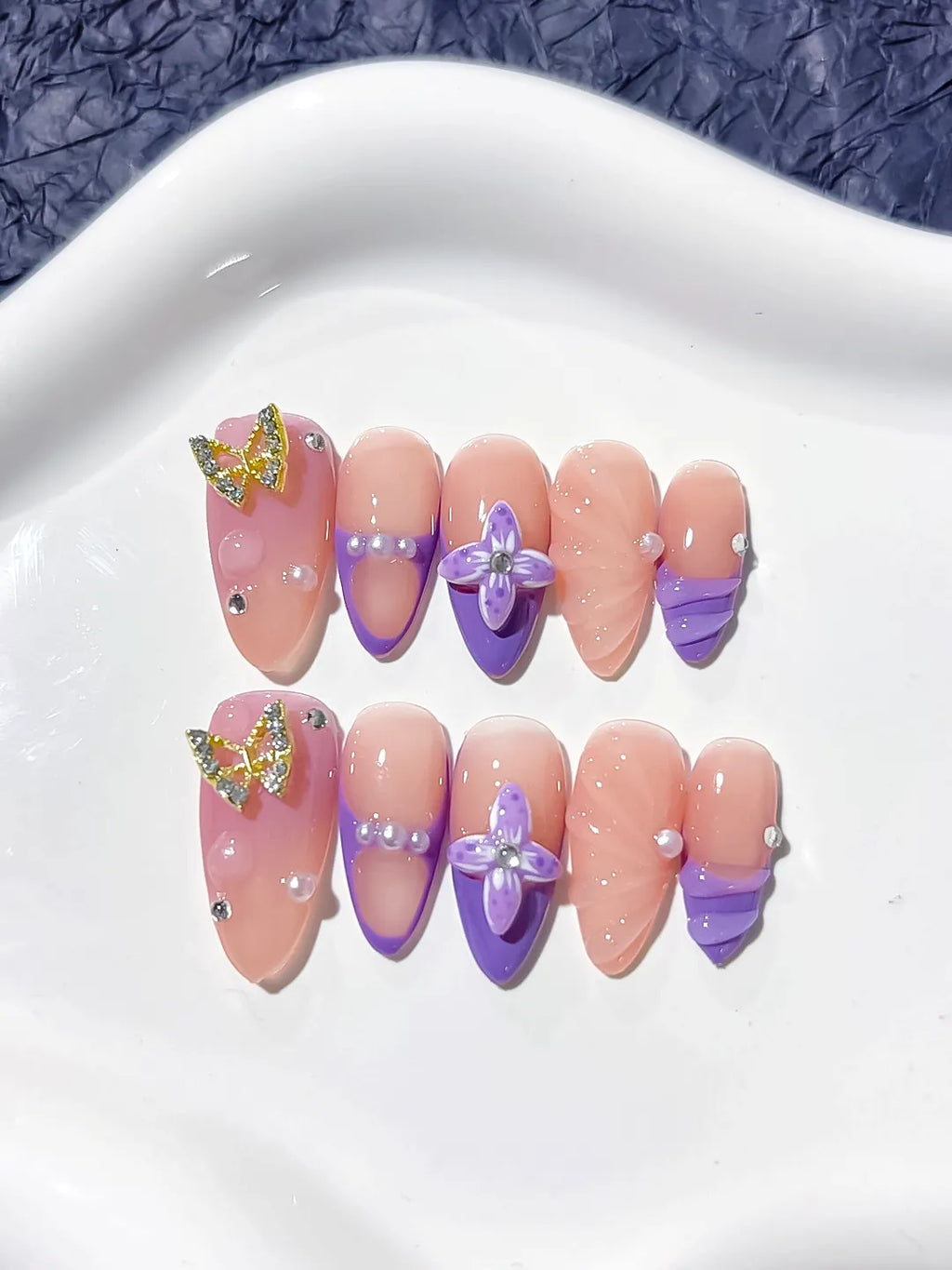 Nude Purple Gold French tip Butterfly Rhinestone press on nails detail view