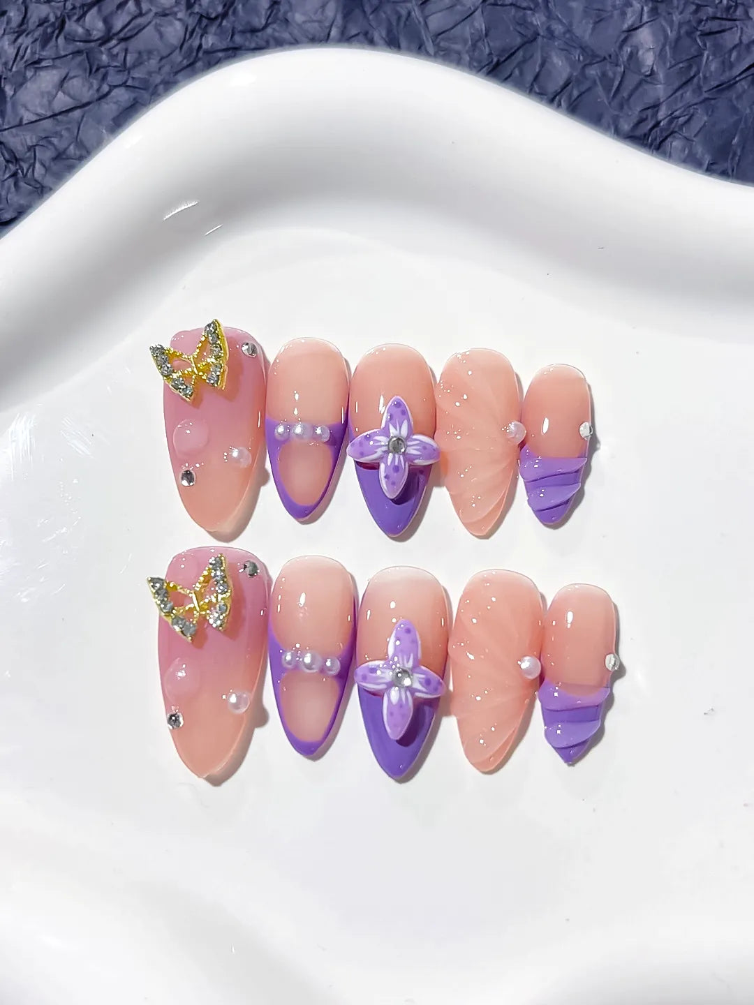 Nude Purple Gold French tip Butterfly Rhinestone press on nails detail view