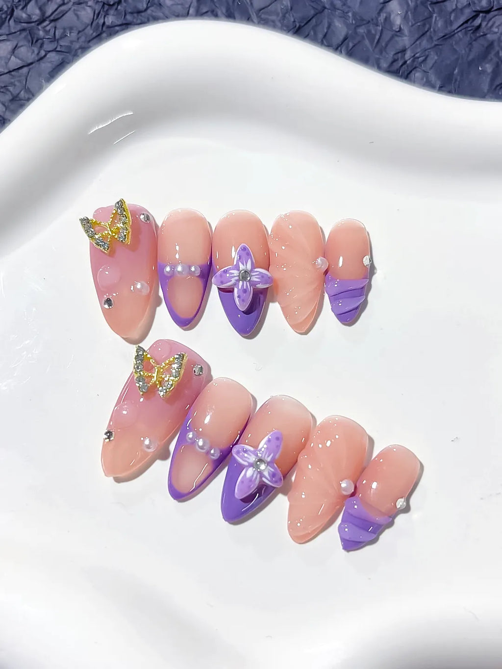 Nude Purple Gold French tip Butterfly Rhinestone press on nails detail view