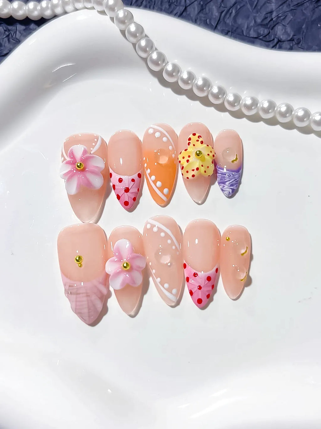 Nude Pink Orange Yellow Purple Abstract Flower Dot Pattern Grid Pattern press on nails detail view