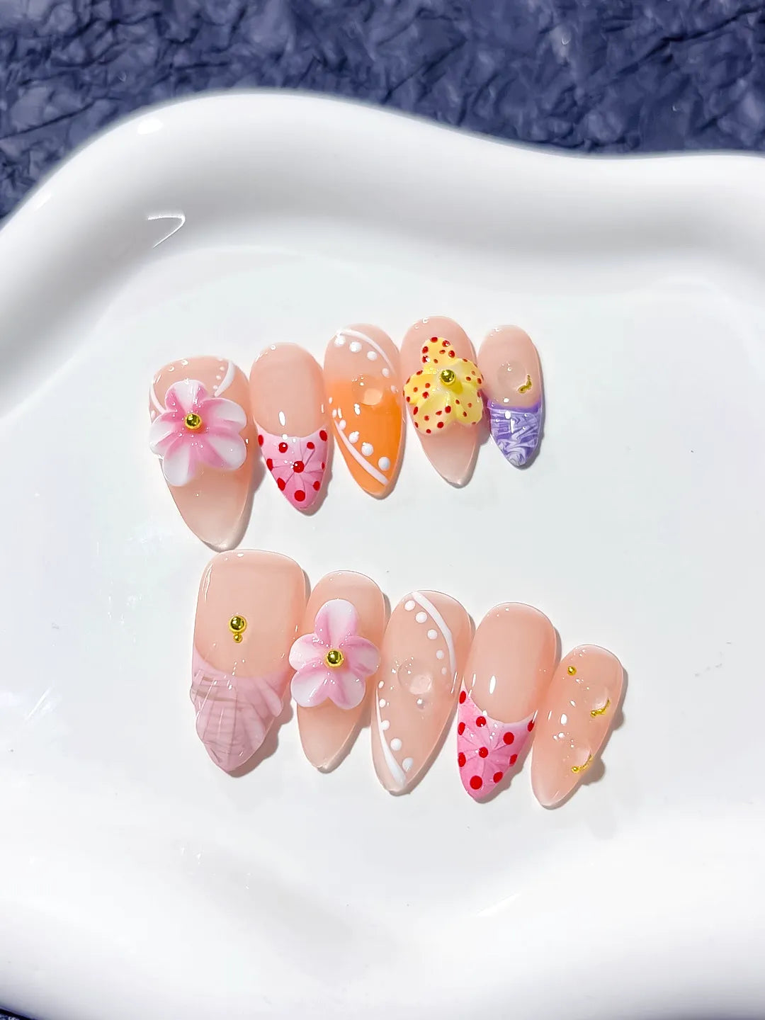 Nude Pink Orange Yellow Purple Abstract Flower Dot Pattern Grid Pattern press on nails detail view