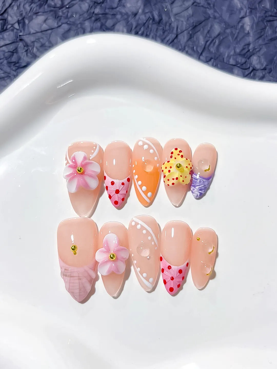 Nude Pink Orange Yellow Purple Abstract Flower Dot Pattern Grid Pattern press on nails close up