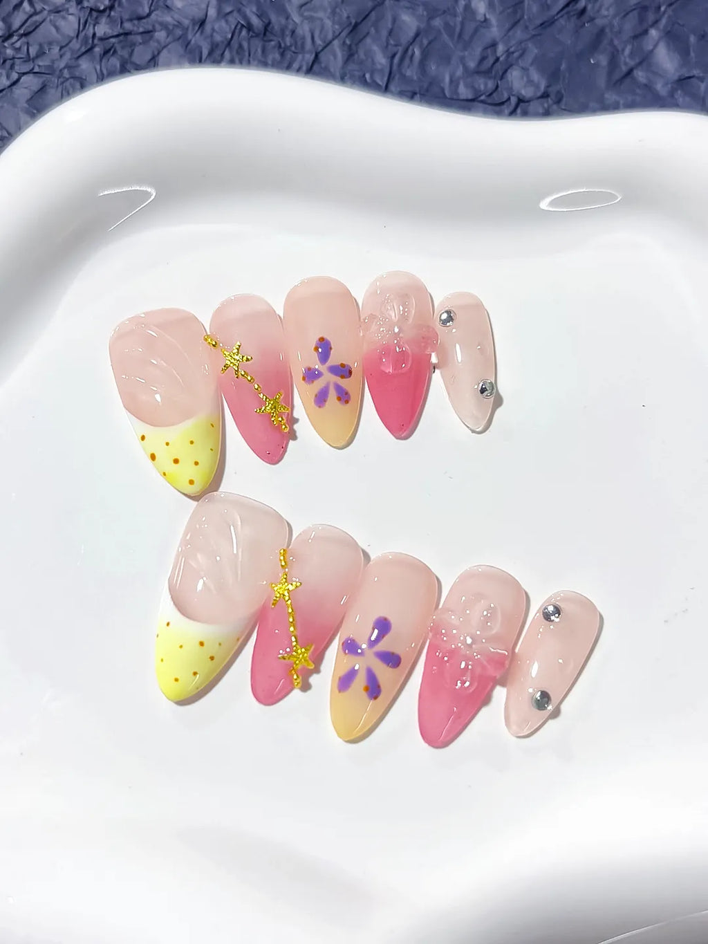 Nude Yellow Pink French tip Flower Star press on nails close up