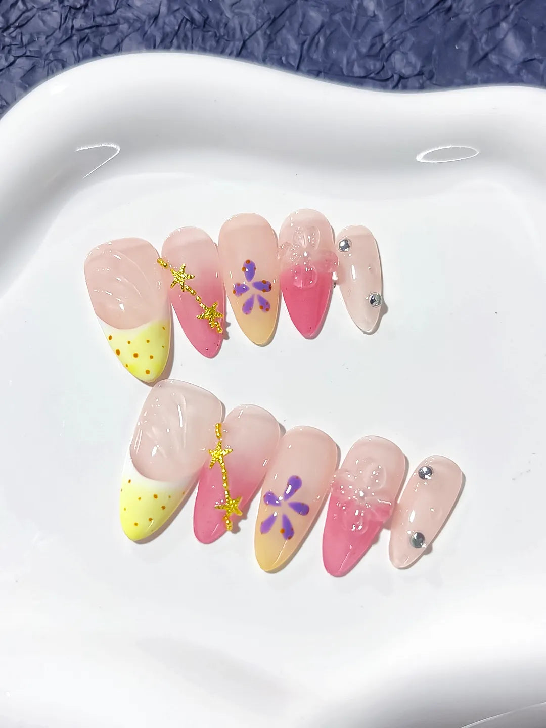 Nude Yellow Pink French tip Flower Star press on nails close up