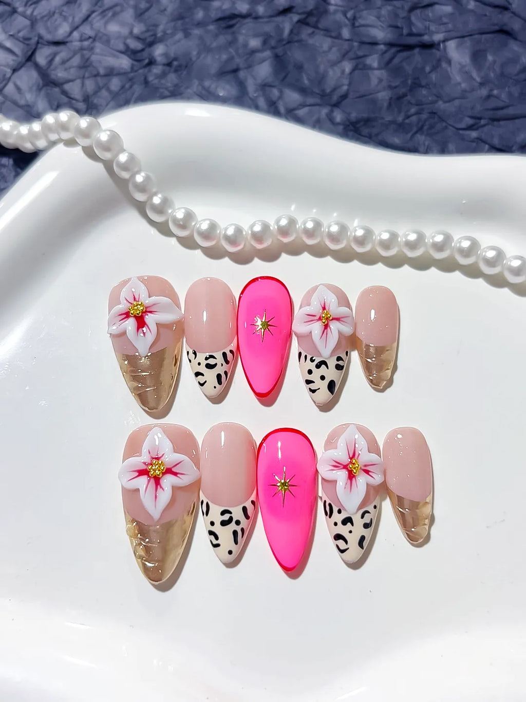 Nude Pink Gold Black Abstract Flower Animal Print Metallic press on nails detail view
