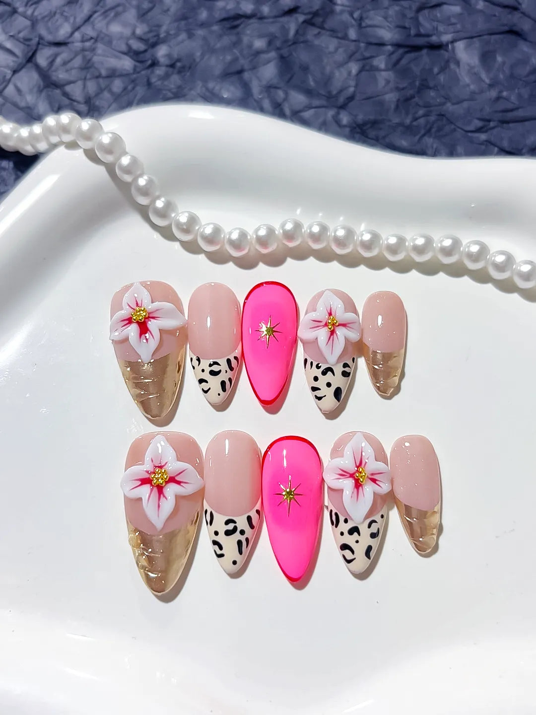 Nude Pink Gold Black Abstract Flower Animal Print Metallic press on nails detail view