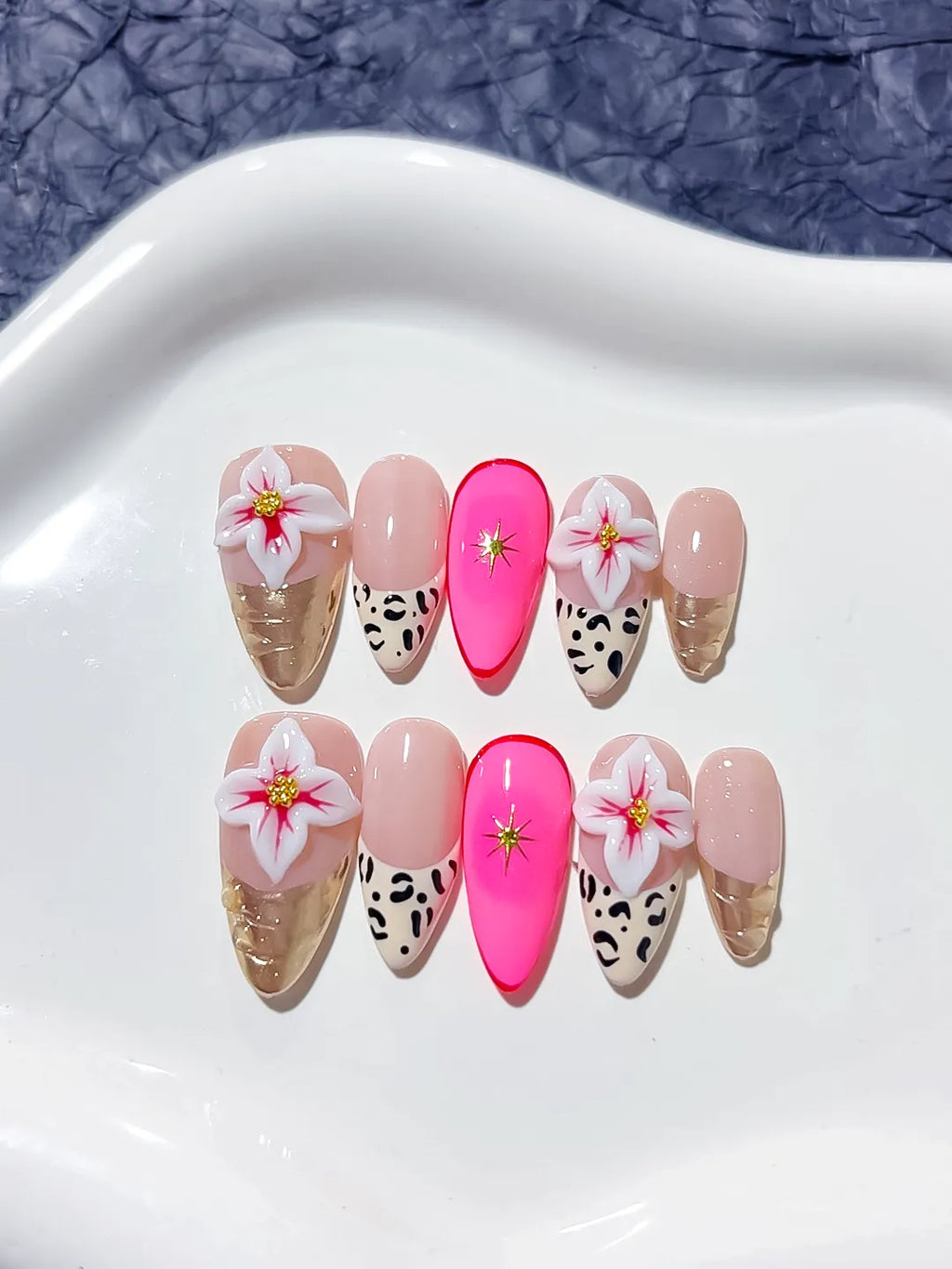 Nude Pink Gold Black Abstract Flower Animal Print Metallic press on nails detail view