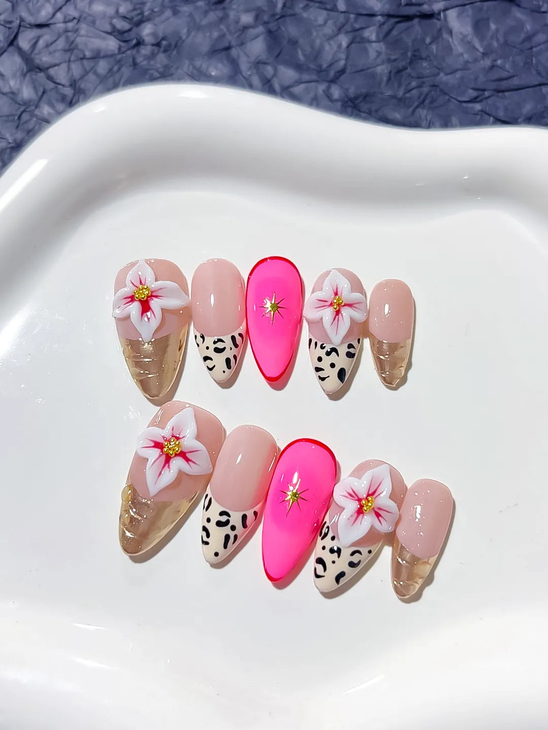 Nude Pink Gold Black Abstract Flower Animal Print Metallic press on nails close up