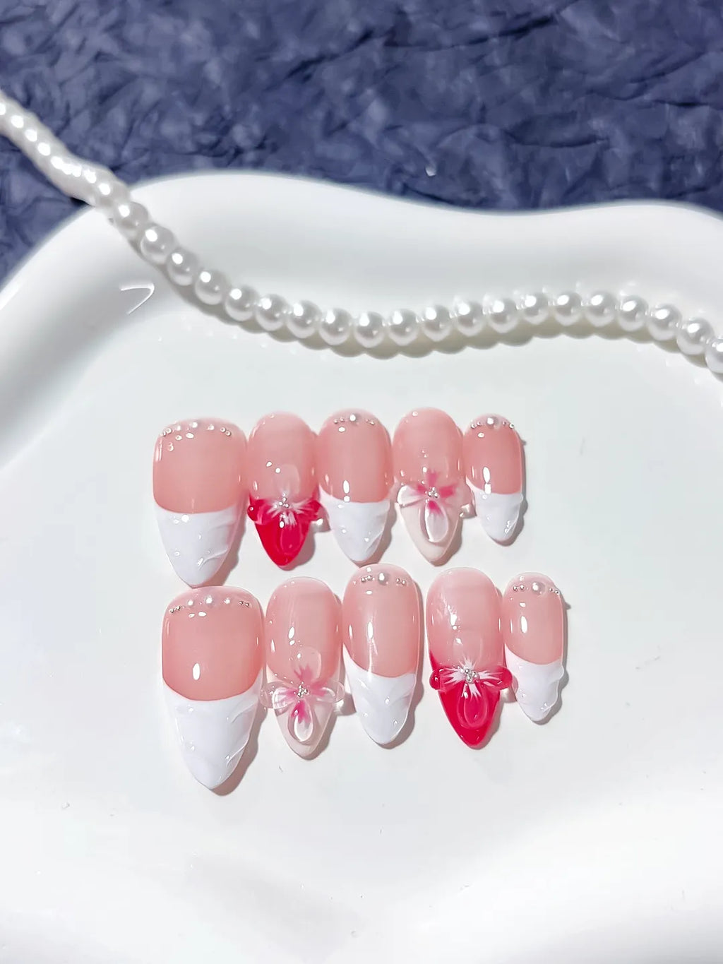Pink White Red French tip Bow Flower Pearl press on nails full set view