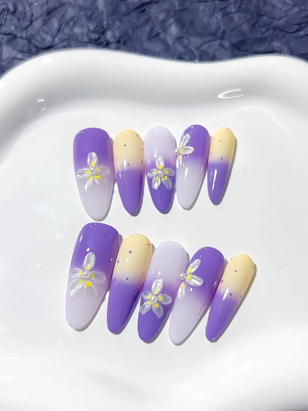 Purple White Yellow Ombre Flower Dot Pattern press on nails close up