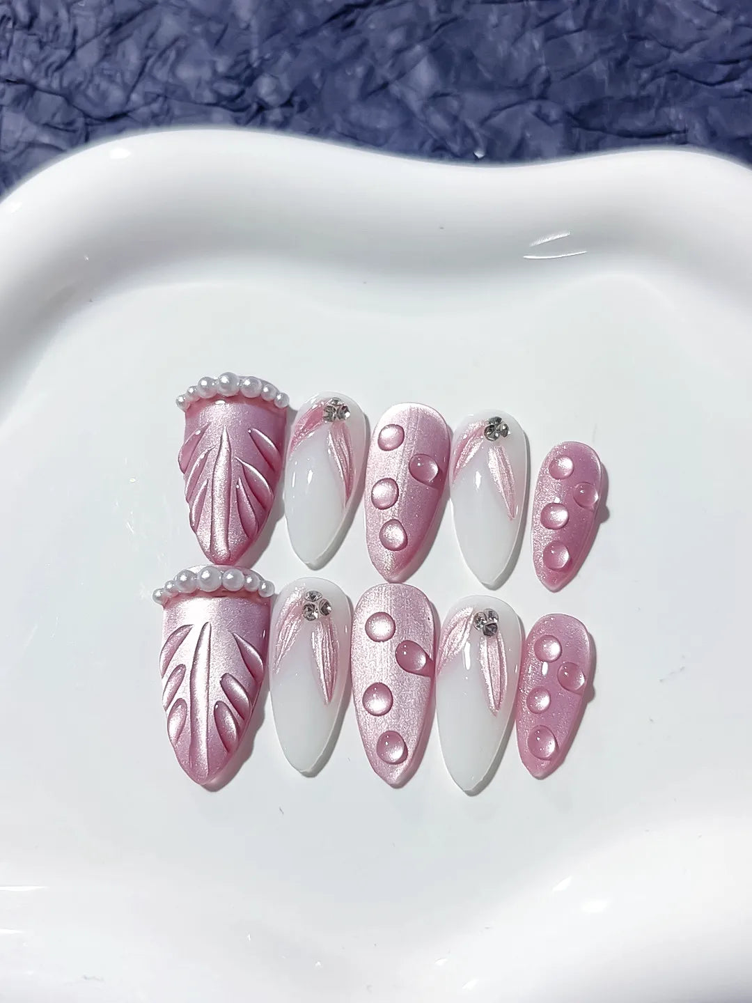 Pink White Holographic Embossed Pearl Rhinestone press on nails detail view