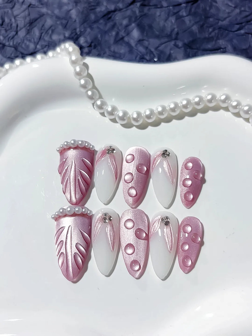 Pink White Holographic Embossed Pearl Rhinestone press on nails detail view