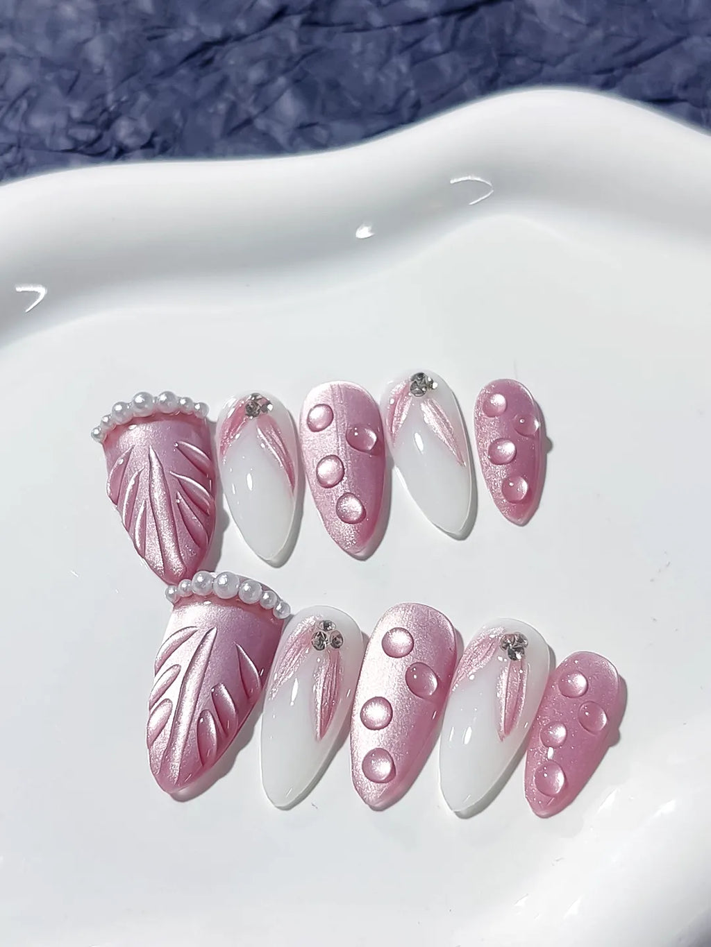 Pink White Holographic Embossed Pearl Rhinestone press on nails close up