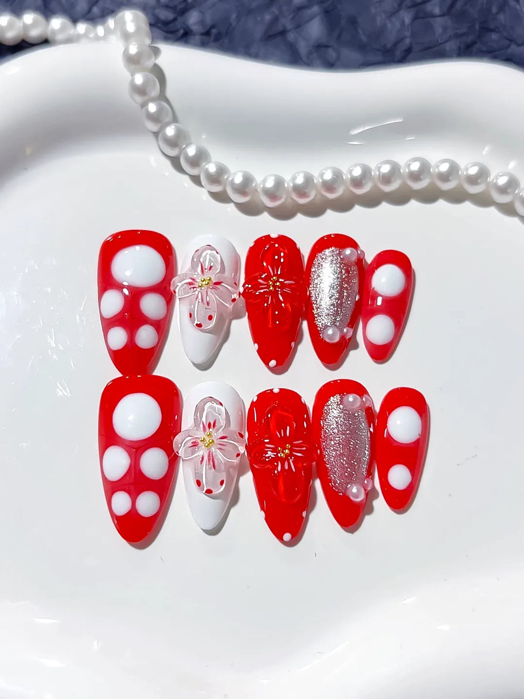 Red White Silver Abstract Flower Glitter press on nails close up