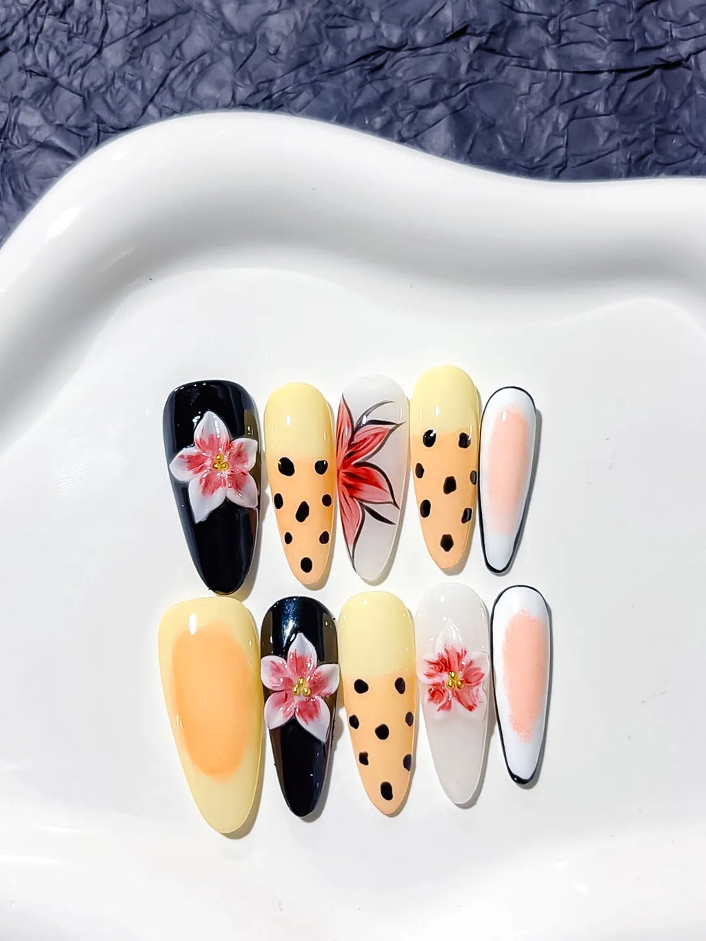 Black Yellow White Red Abstract Flower Animal Print press on nails detail view