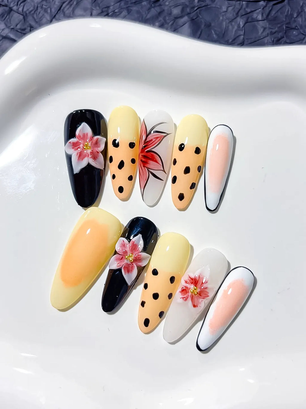 Black Yellow White Red Abstract Flower Animal Print press on nails detail view