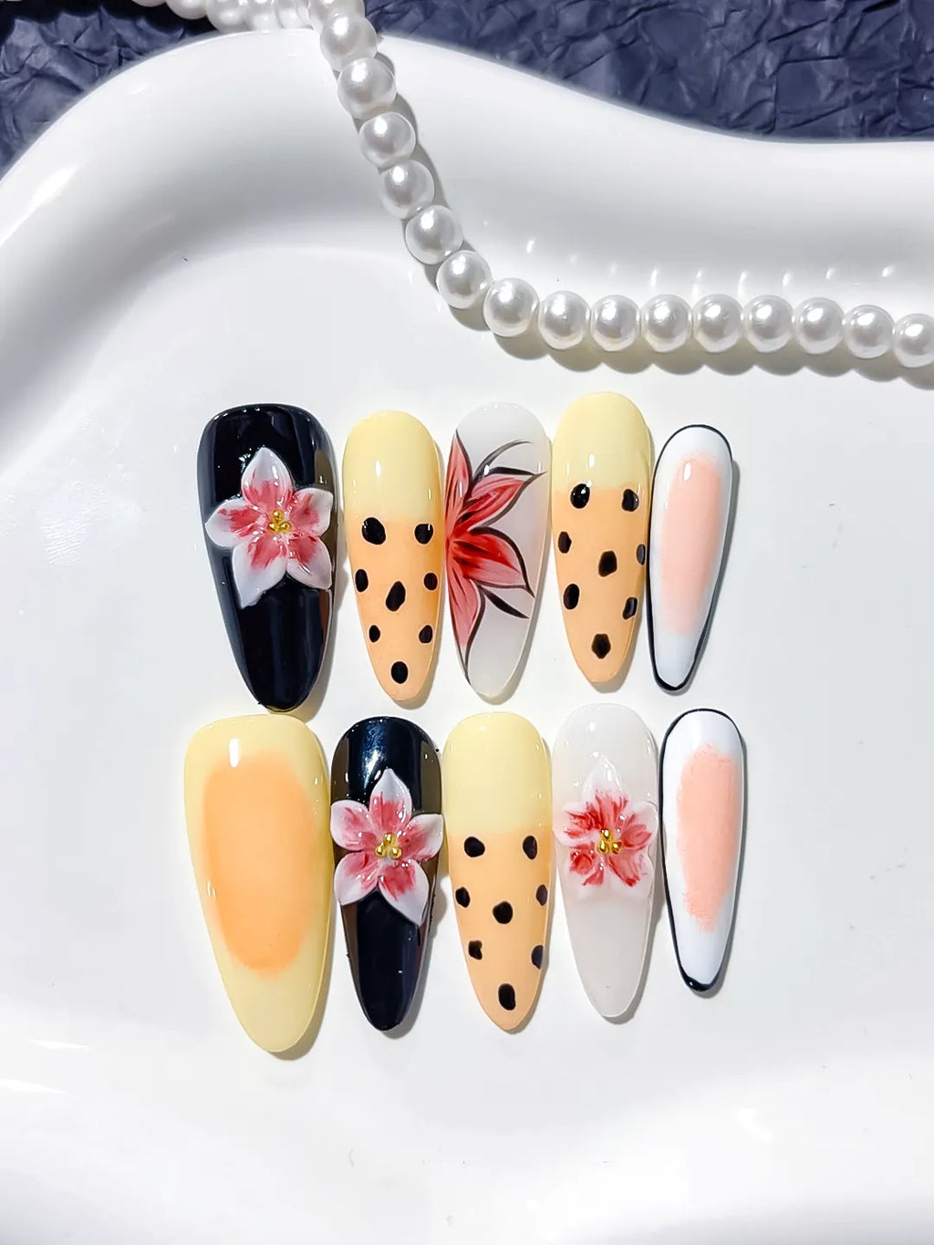 Black Yellow White Red Abstract Flower Animal Print press on nails close up