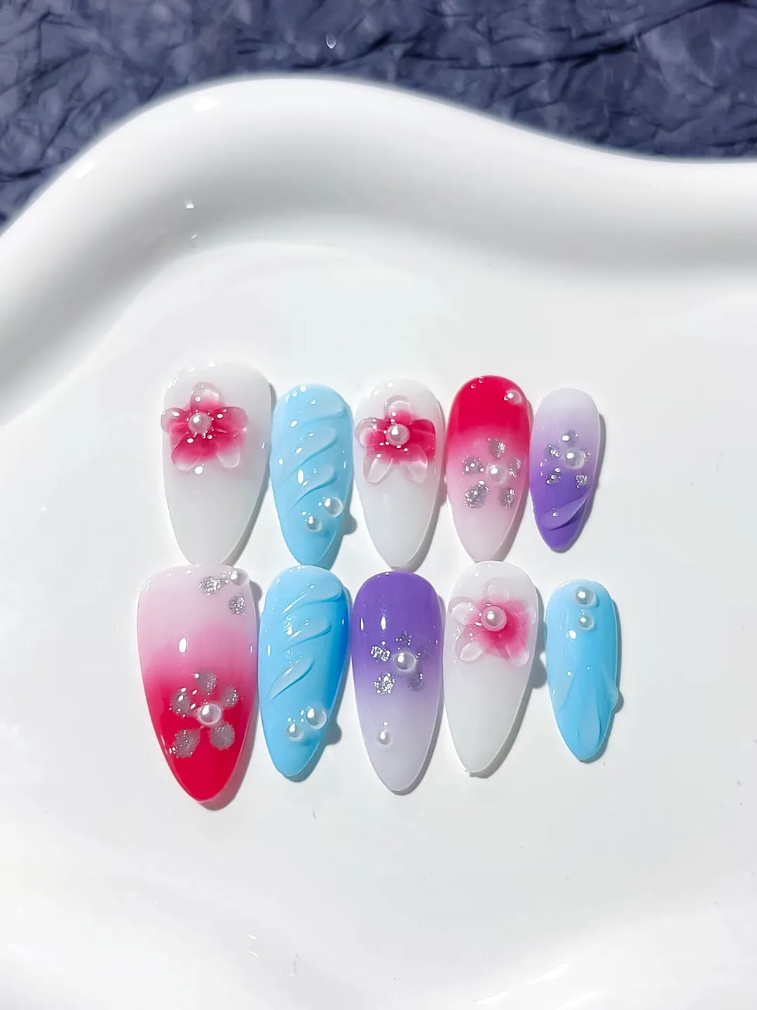 Pink White Purple Blue Abstract Flower Rhinestone press on nails detail view
