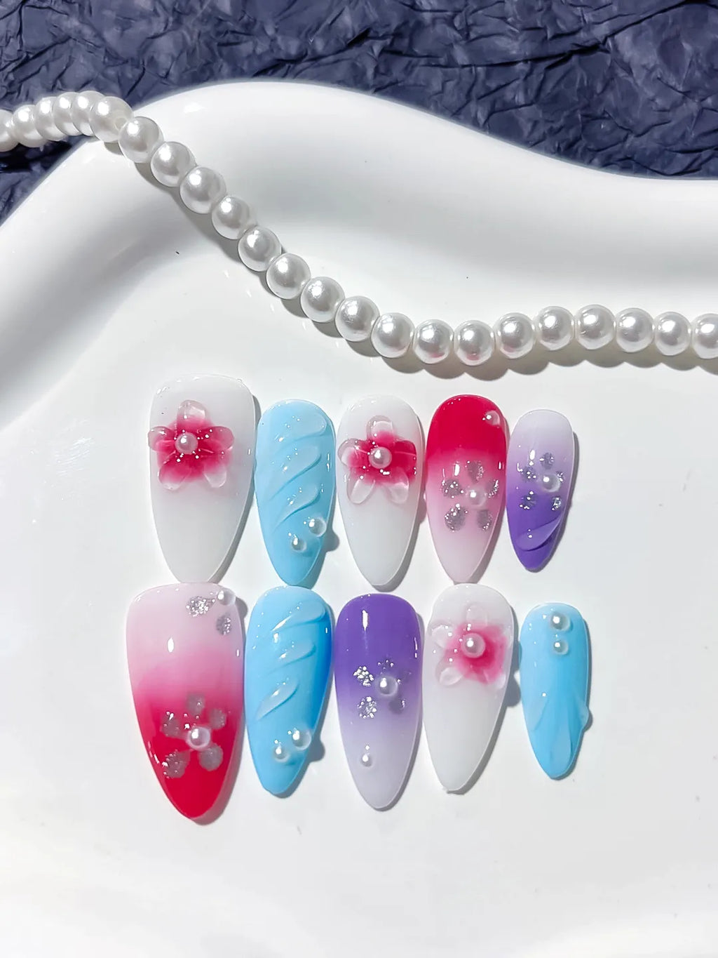 Pink White Purple Blue Abstract Flower Rhinestone press on nails close up