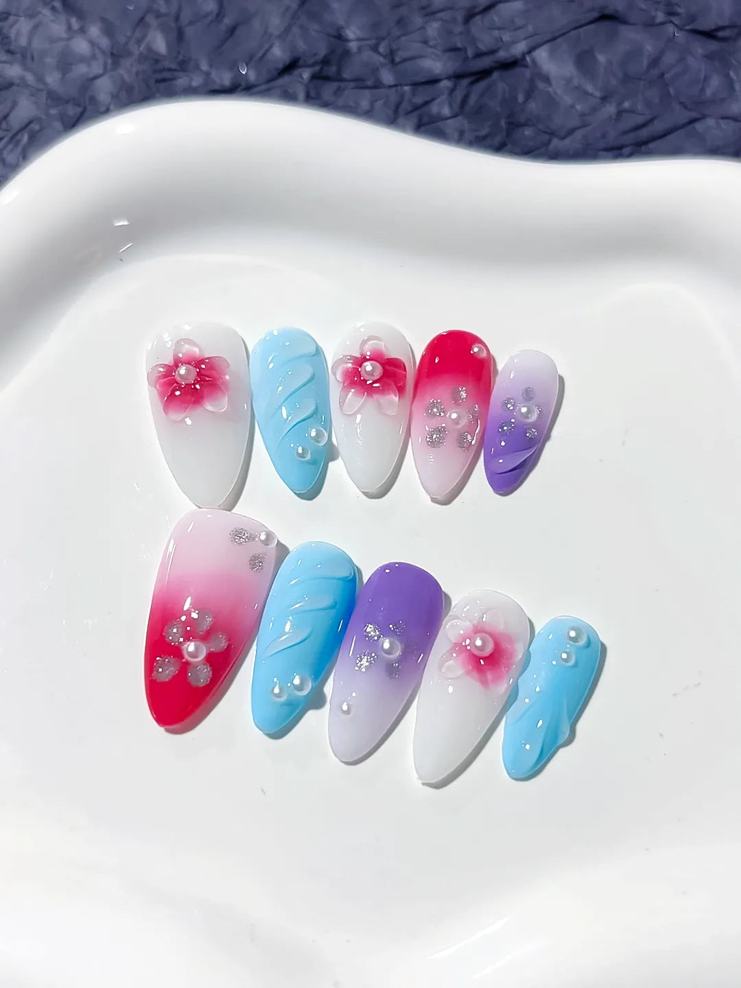 Pink White Purple Blue Abstract Flower Rhinestone press on nails detail view