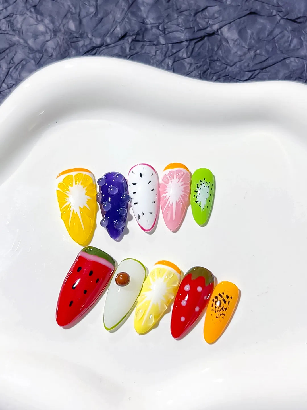 Yellow Red Green Orange Pink Abstract Fruit press on nails detail view