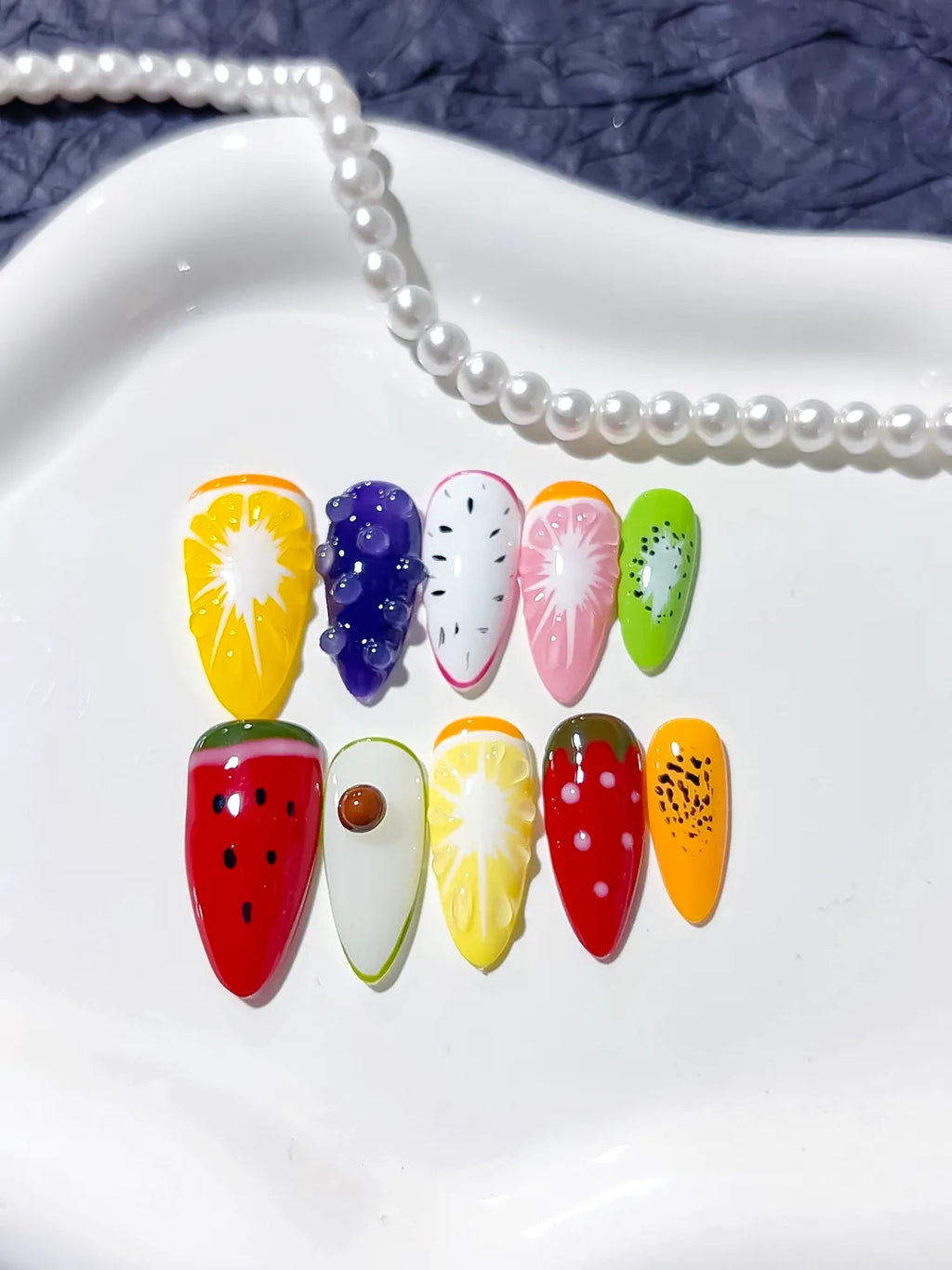 Yellow Red Green Orange Pink Abstract Fruit press on nails detail view