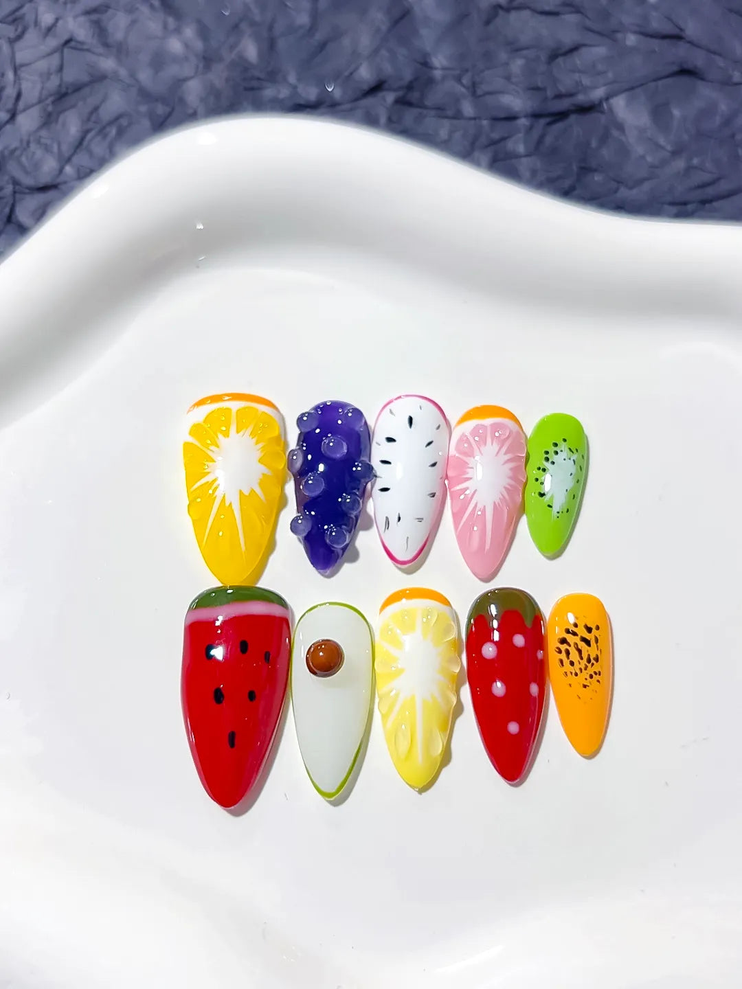 Yellow Red Green Orange Pink Abstract Fruit press on nails close up