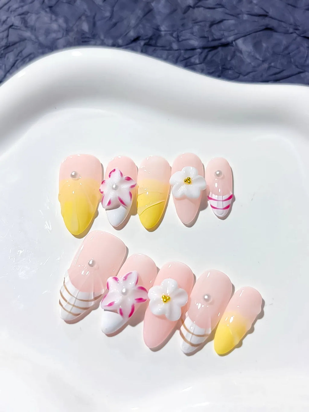 Pink White Yellow French tip Flower Line Art press on nails detail view