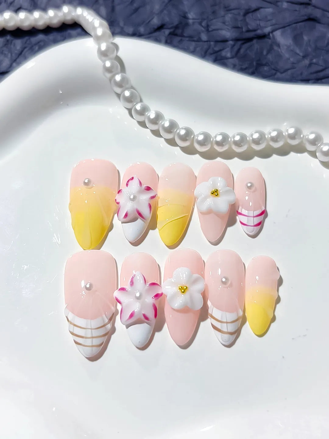 Pink White Yellow French tip Flower Line Art press on nails detail view