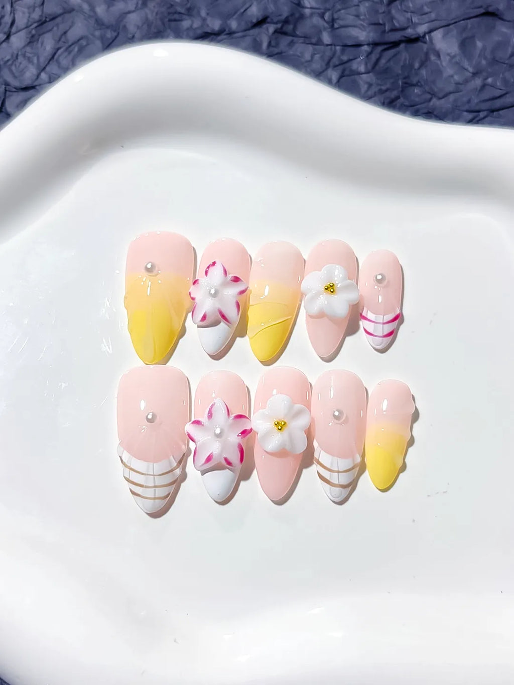 Pink White Yellow French tip Flower Line Art press on nails close up