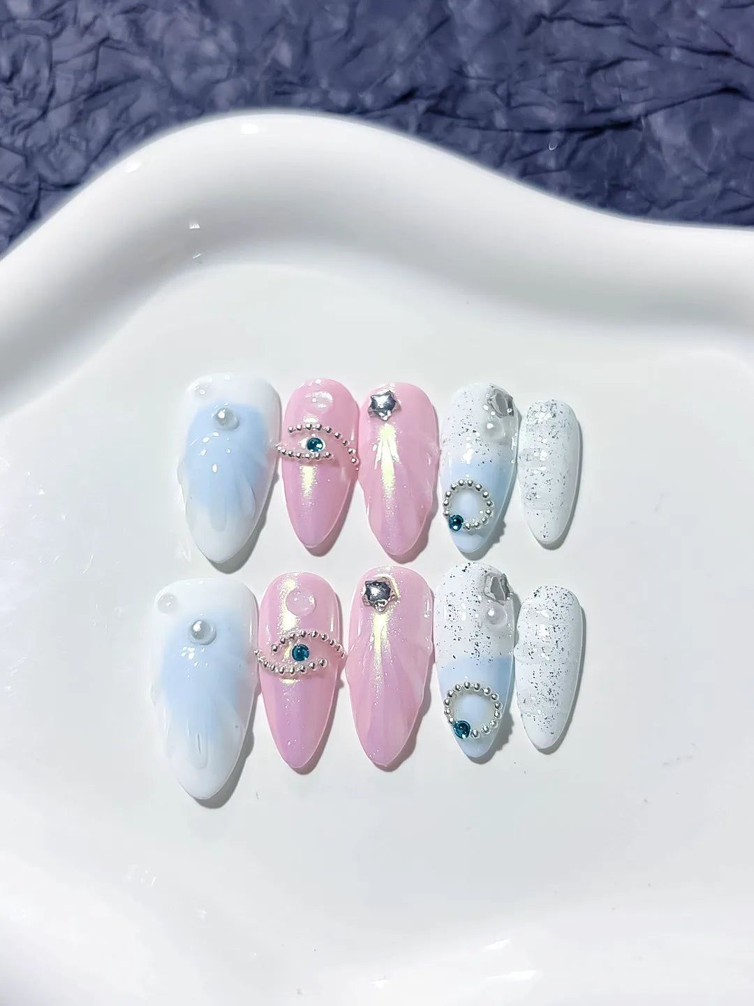 Pink White Blue Holographic Rhinestone Embossed press on nails detail view