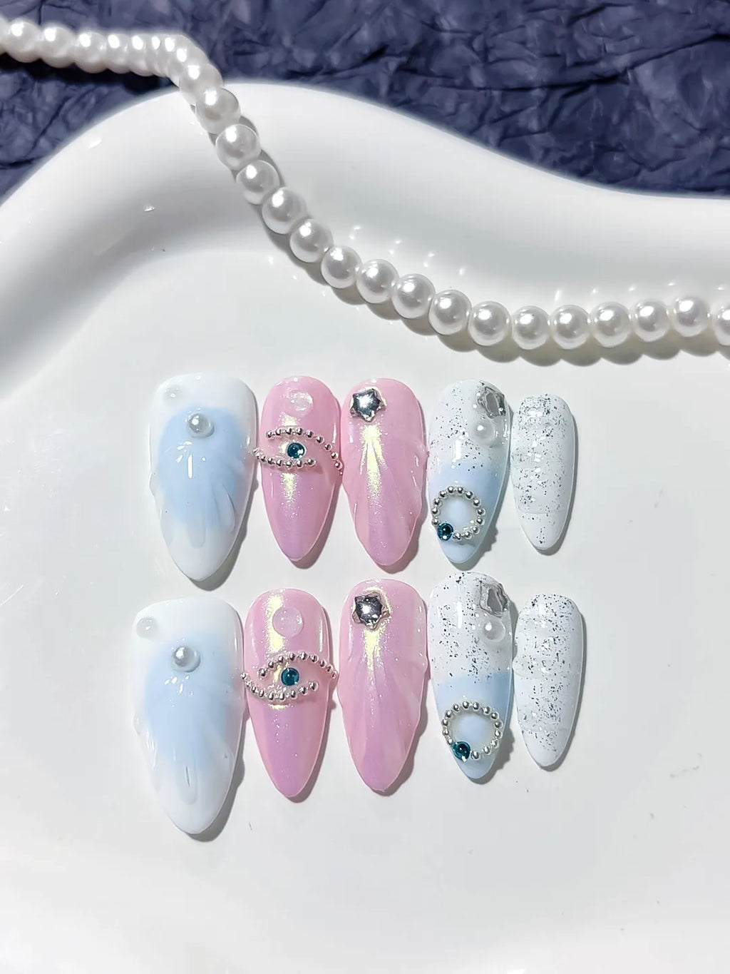 Pink White Blue Holographic Rhinestone Embossed press on nails full set view