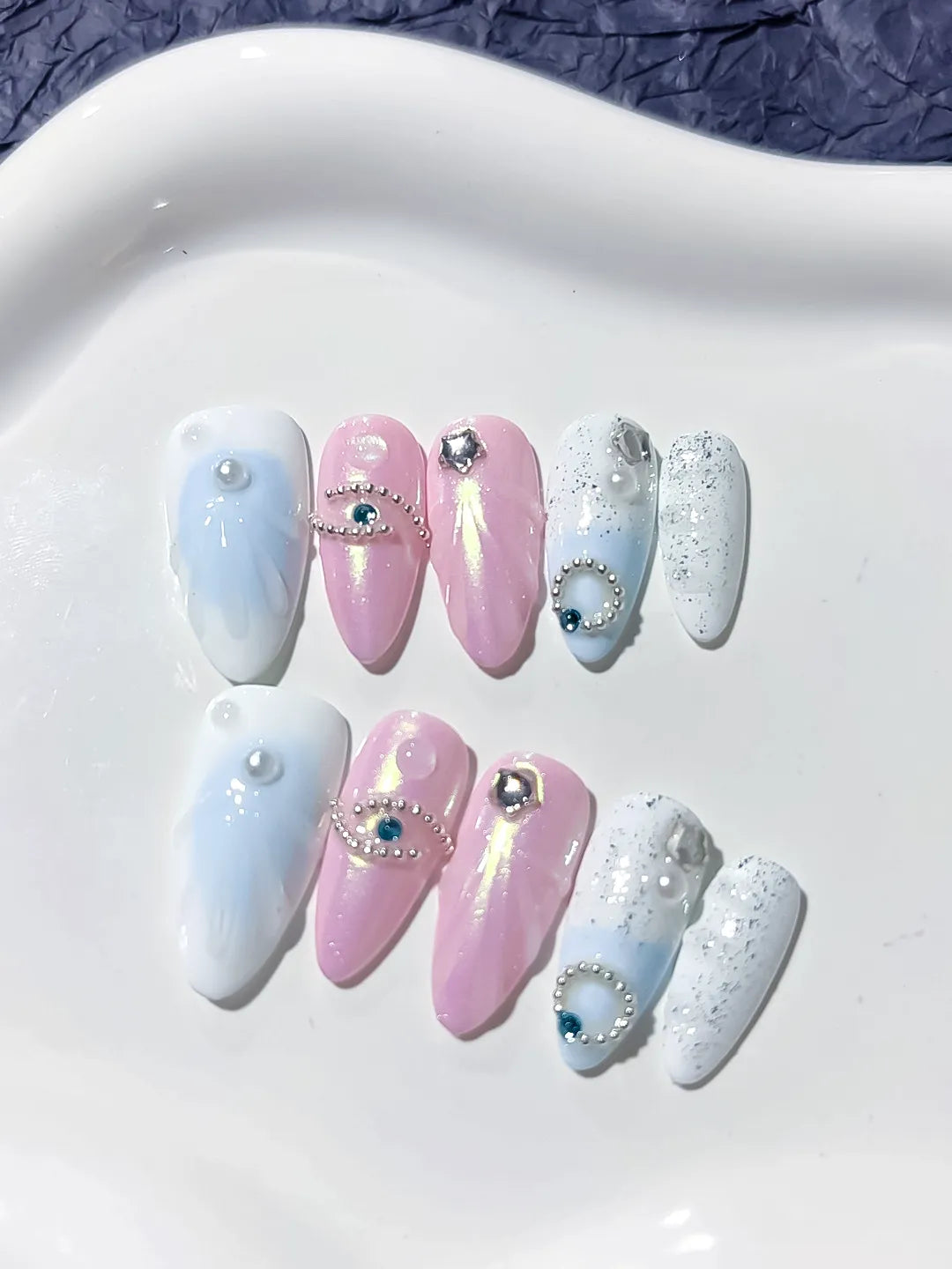 Pink White Blue Holographic Rhinestone Embossed press on nails angled view