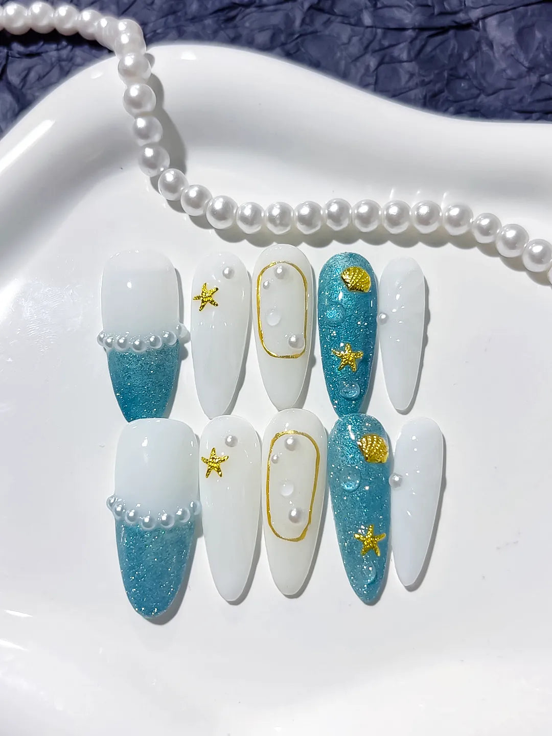 Blue White Gold Glitter Starfish Shell Pearl press on nails detail view