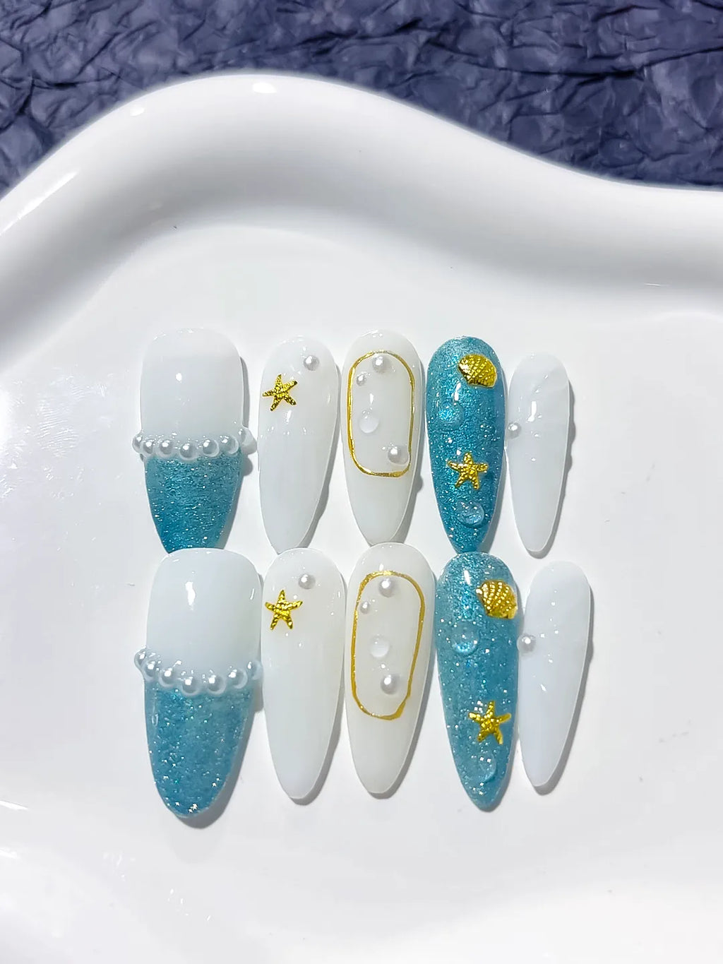 Blue White Gold Glitter Starfish Shell Pearl press on nails close up