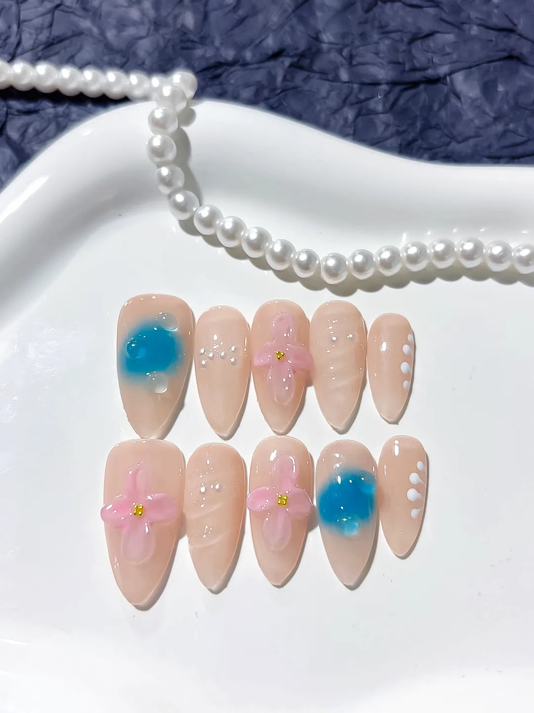 Nude Blue Pink White Abstract Flower Heart Pearl press on nails close up