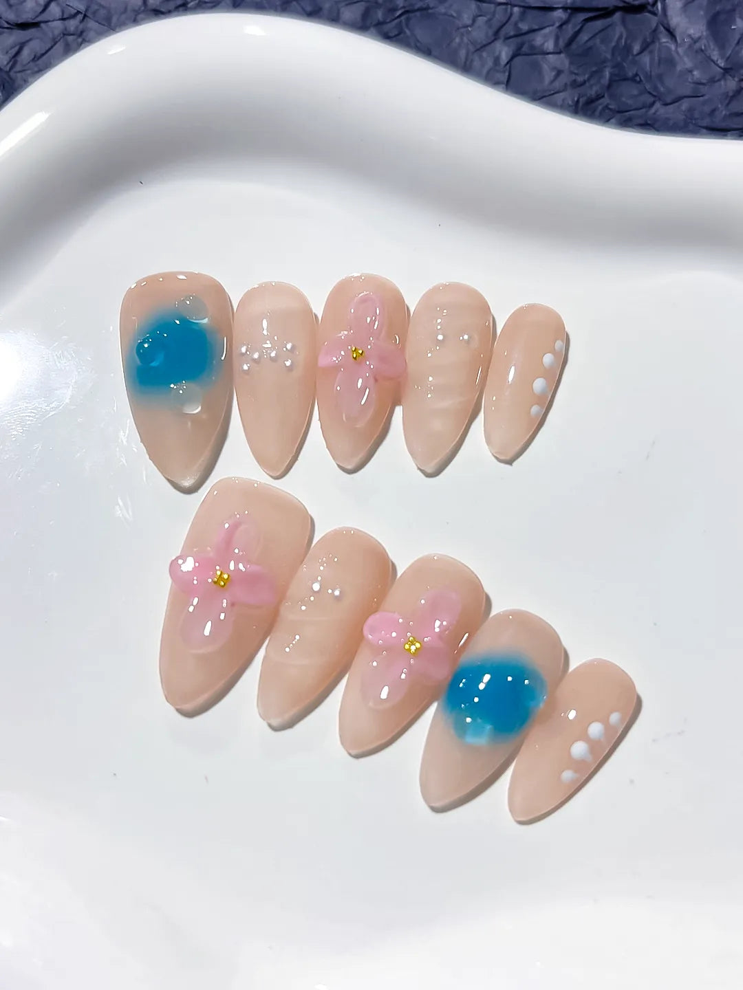 Nude Blue Pink White Abstract Flower Heart Pearl press on nails angled view