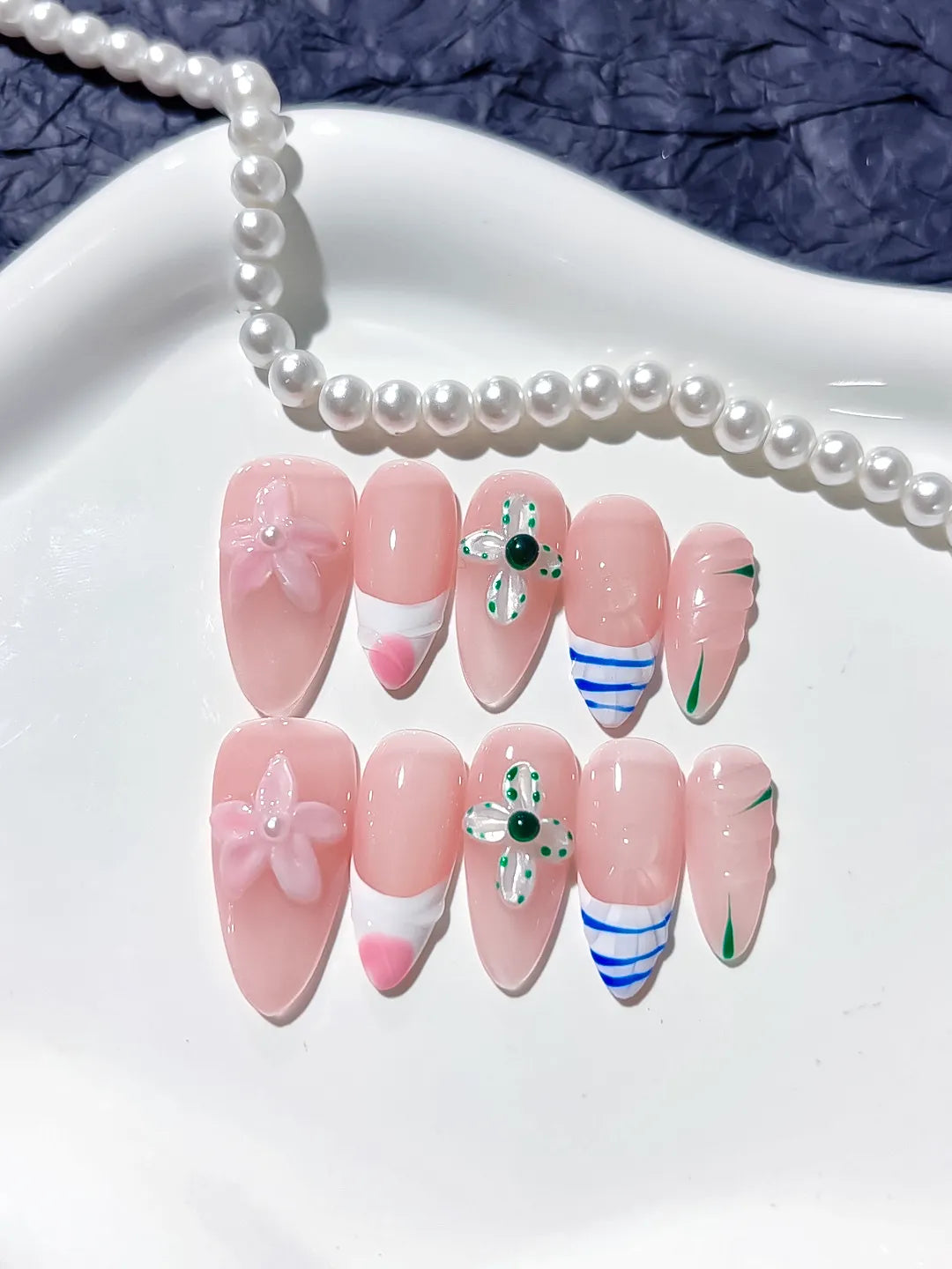 Pink White Blue Abstract Flower Heart Line Art press on nails detail view